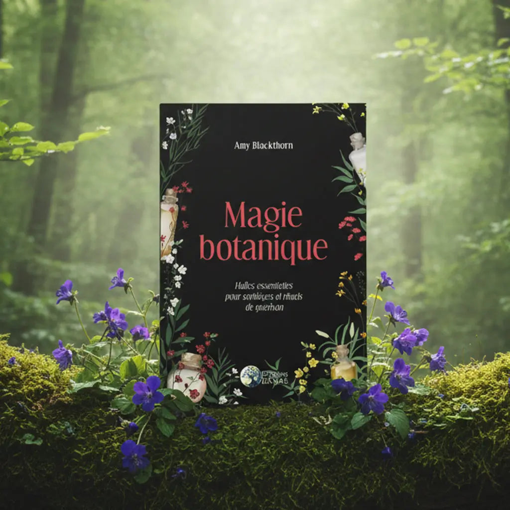 Livre noir fleuri Magie Botanique d'Amy Blackthorn posé sur une souche, illustré de fioles de potions et d'herbes colorées.