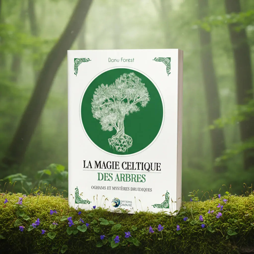 Livre vert et blanc La Magie Celtique des Arbres de Danu Forest posé sur une souche, illustré d'un arbre sacré avec des racines entrelacées.