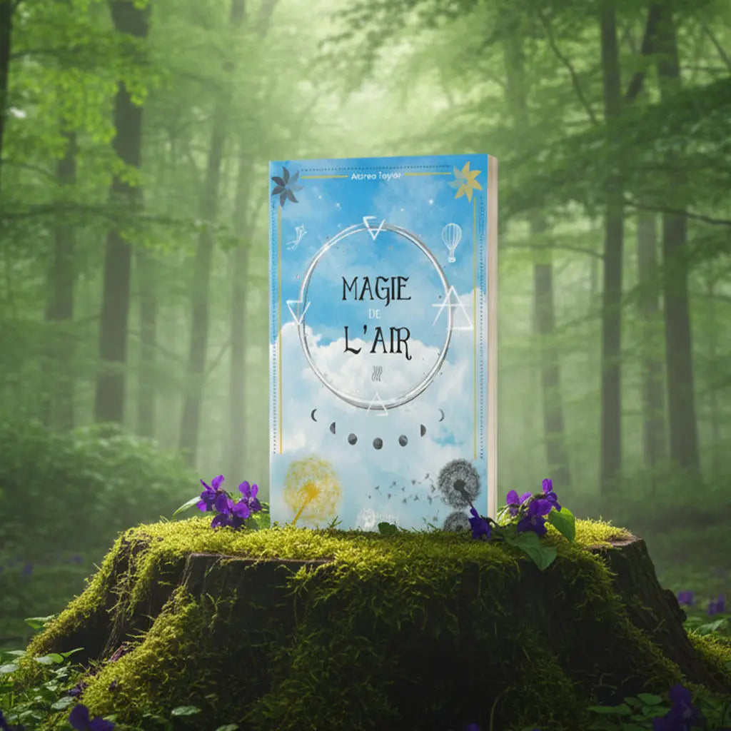 Livre bleu ciel Magie de l'Air d'Astrea Taylor posé sur une souche, orné du symbole alchimique de l'air, des phases de la lune et de pissenlits s'envolant au vent.