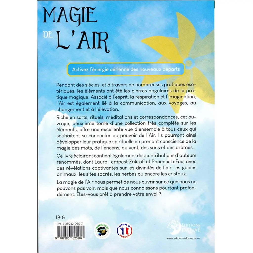 Dos du livre Magie de l'air présenté sur un fond de ciel bleu nuageux. Ce deuxième tome de la collection dédiée aux éléments explore le pouvoir de l'air (lié à l'esprit, la communication et l'imagination) à travers de nombreux sorts, rituels et correspondances magiques (plantes, cristaux, animaux guides).