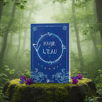 Livre bleu océan Magie de l'Eau de Lilith Dorsey posé sur une souche, orné du symbole alchimique de l'eau, de vagues et des phases de la lune.