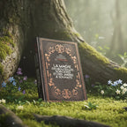 Livre La Magie des Bouteilles Sorcières et des Jarres à Souhaits de Marc Neu posé en forêt sur de la mousse, entouré de petites fleurs bleues.