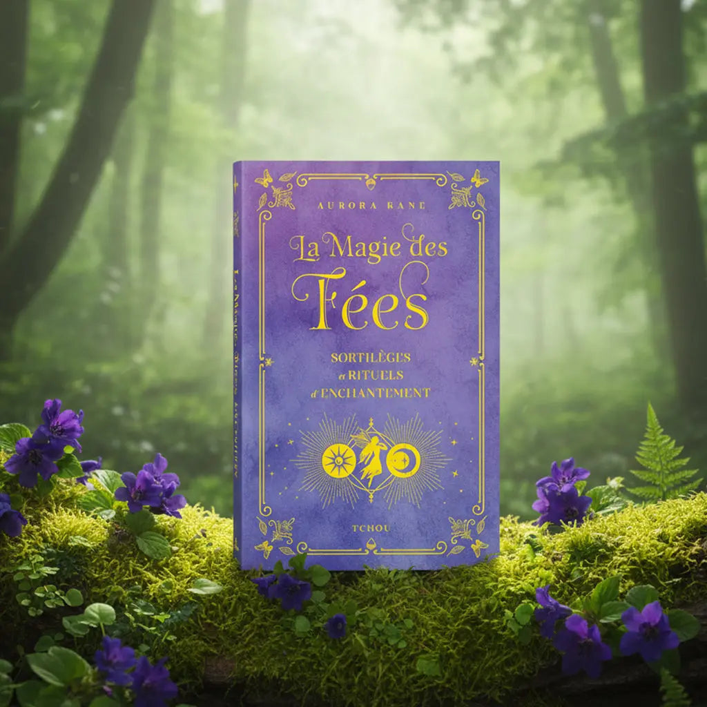 Livre violet La Magie des Fées d'Aurora Kane posé sur une souche, orné de symboles dorés et d'une silhouette féérique.