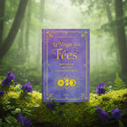 Livre violet La Magie des Fées d'Aurora Kane posé sur une souche, orné de symboles dorés et d'une silhouette féérique.