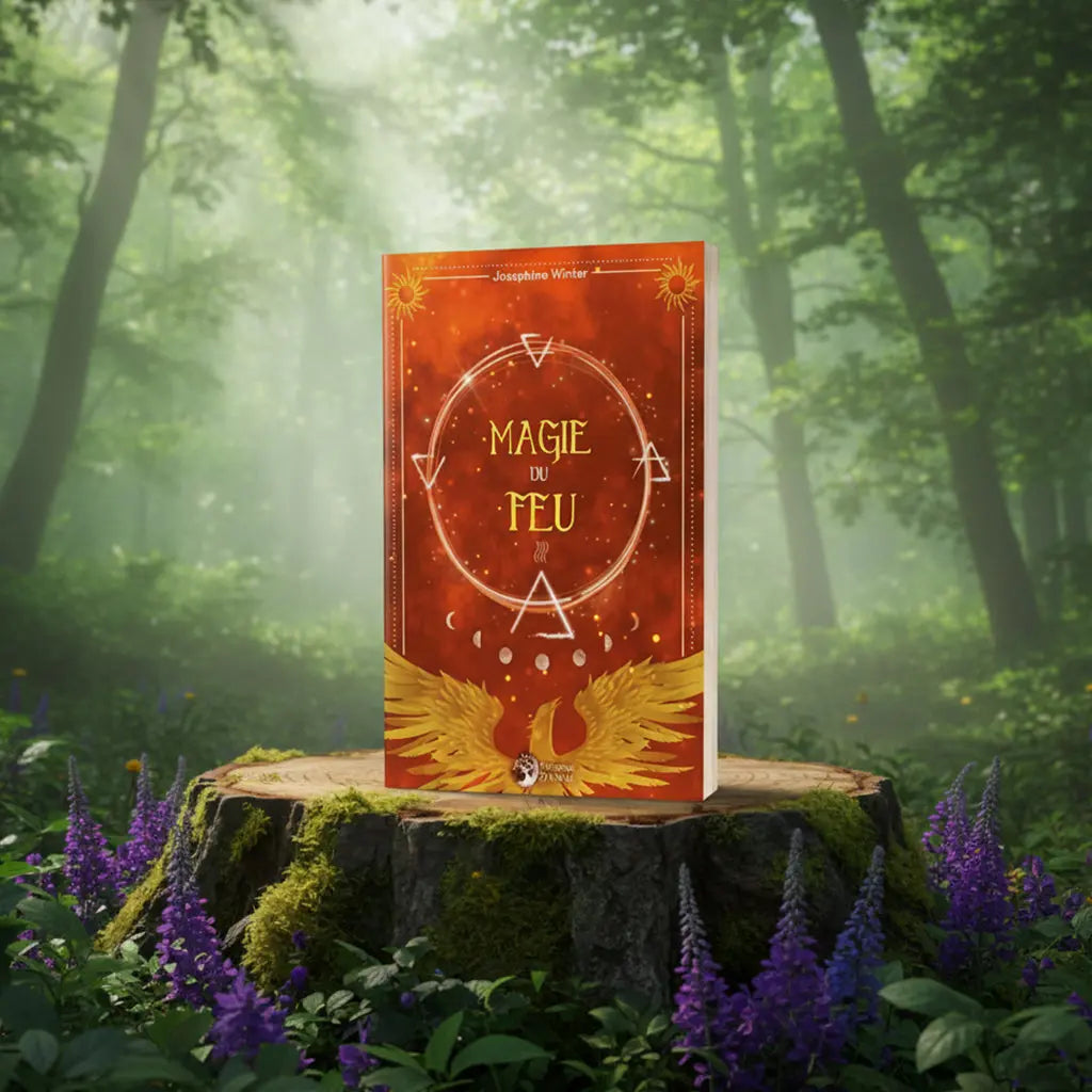 Couverture du livre Magie du Feu de Josephine Winter aux Éditions Danaé, illustrée par un phénix déployant ses ailes sous un ciel flamboyant orné de symboles élémentaires et lunaires.