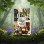 Livre La Magie du Foyer au Fil des Saisons d'Anna Franklin posé sur une branche moussue, illustré d'un collage de bougies, d'herbes séchées et de fioles.