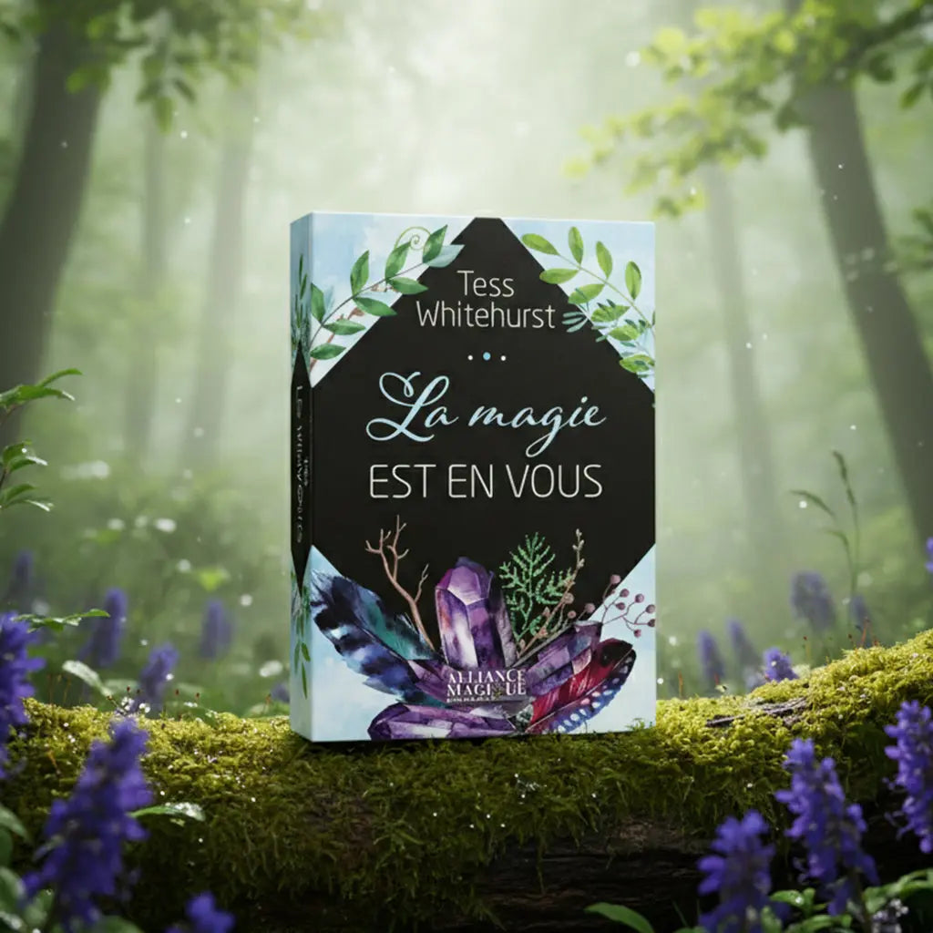 Livre La Magie est en Vous de Tess Whitehurst posé sur une branche moussue, illustré d'un losange noir entouré de feuilles, de plumes et de cristaux d'améthyste.
