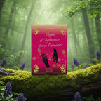 Livre rose fuchsia Magie d'Influence pour l'Amour de Patrick Guérin posé sur une souche, illustré de mains noires et de symboles dorés.
