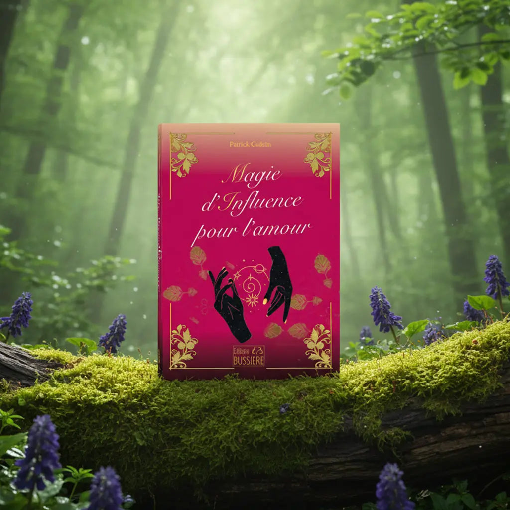 Livre rose fuchsia Magie d'Influence pour l'Amour de Patrick Guérin posé sur une souche, illustré de mains noires et de symboles dorés.