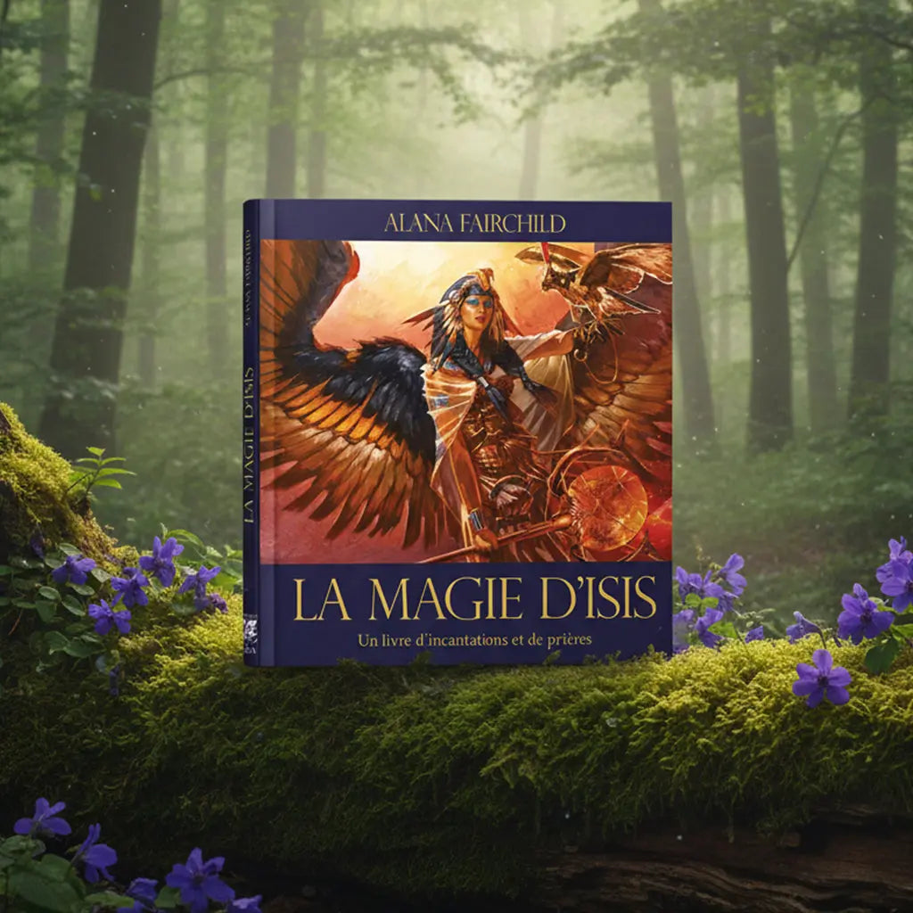 Livre bleu nuit La Magie d'Isis d'Alana Fairchild posé sur une souche, illustré de la déesse égyptienne ailée tenant un sceptre solaire.
