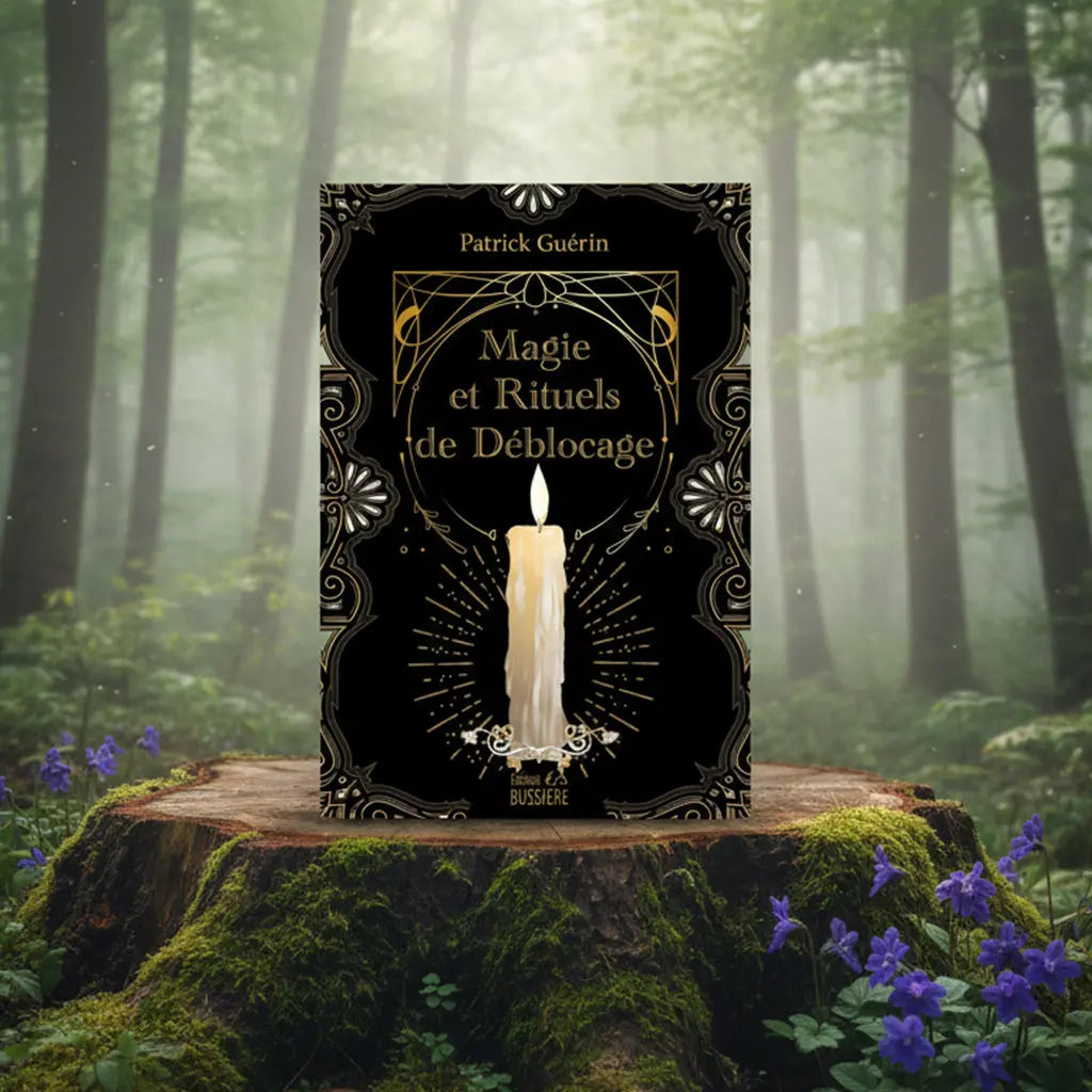 Livre noir et or Magie et Rituels de Déblocage de Patrick Guérin posé sur une souche, illustré d'une bougie blanche allumée au centre d'un décor art déco.