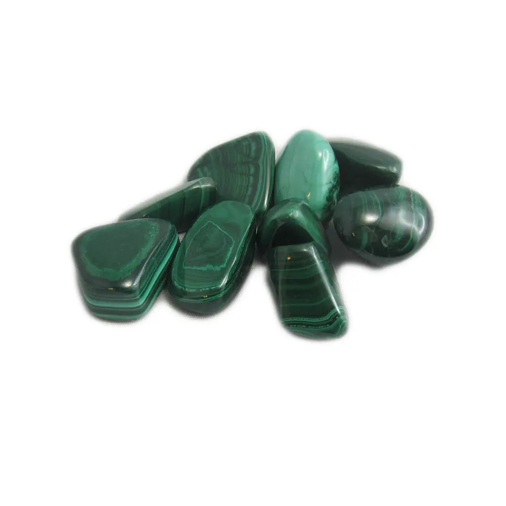 Plusieurs pierres de malachite polies (taille pendentif), aux nuances vert foncé et aux motifs rubanés caractéristiques, regroupées sur un fond blanc.