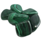 Plusieurs pierres de malachite polies, présentant des motifs rubanés et des strates de vert foncé, regroupées sur un fond blanc.