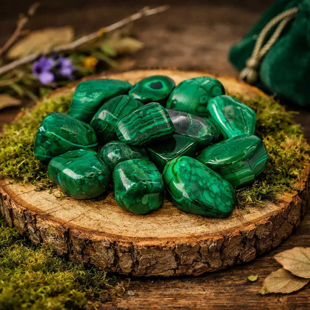 Grande pierre de Malachite de qualité extra aux motifs orbitaux vert forêt, dégageant une aura de guérison et de puissance régénératrice.