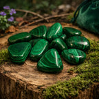 Petites pierres de Malachite polies d'un vert intense avec des bandes circulaires, posées sur une souche de bois moussue évoquant une énergie de guérison forestière.