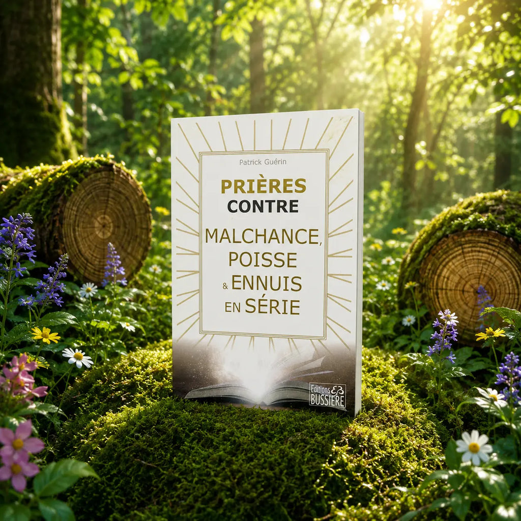 Livre Prières contre Malchance, Poisse & Ennuis en série - P. Guérin sur mousse sacrée au pied d'un arbre, entouré de fleurs violettes sous des rayons de soleil magiques.