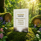 Livre Prières contre Malchance, Poisse & Ennuis en série - P. Guérin sur mousse sacrée au pied d'un arbre, entouré de fleurs violettes sous des rayons de soleil magiques.