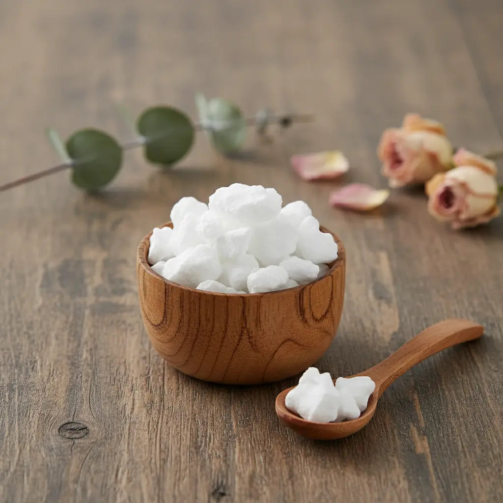 Morceaux de résine ou grains de Manne (couleur blanc pur et opaque), dans un petit bol en bois clair avec une cuillère, sur une planche de bois rustique.