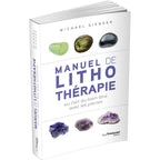 La couverture du livre "Manuel de lithothérapie" de Michael Gienger, aux éditions Guy Trédaniel, illustrée de plusieurs pierres et cristaux (labradorite, améthyste, etc.) sur un fond blanc épuré.