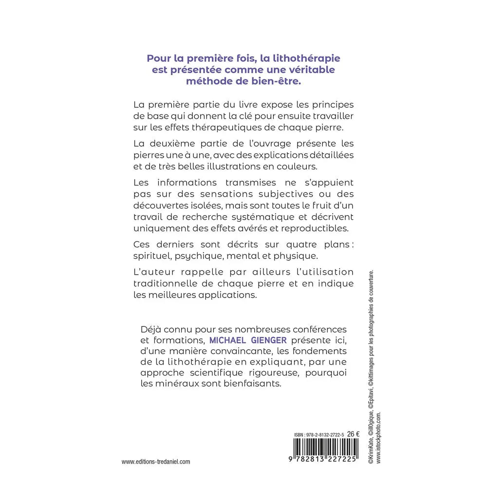 Le dos du livre "Manuel de lithothérapie" de Michael Gienger, présentant un résumé de la méthode de bien-être par les pierres, une note sur l'approche scientifique de l'auteur et le code-barres sur fond blanc.