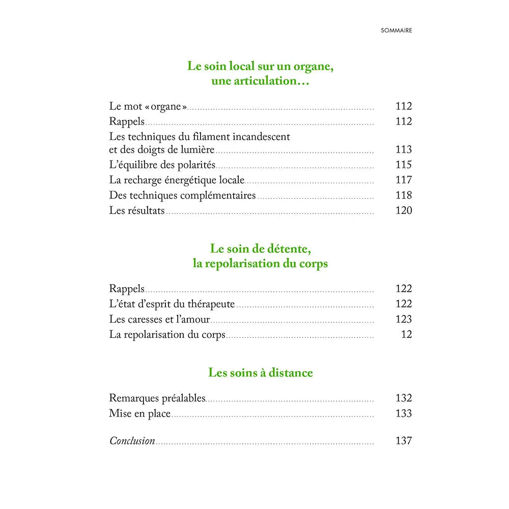 Manuel de Soins Énergétiques pour les Animaux de Luc Bodin, une page du sommaire listant les chapitres dédiés aux soins locaux, de détente et à distance.