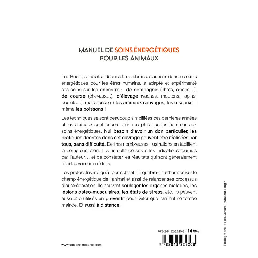 Manuel de Soins Énergétiques pour les Animaux de Luc Bodin, sa quatrième de couverture blanche présentant le résumé des techniques applicables à tous les animaux.