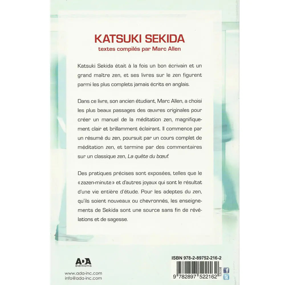 Manuel du Zen de Katsuki Sekida, sa quatrième de couverture épurée sur fond clair présentant le résumé des enseignements et méditations.