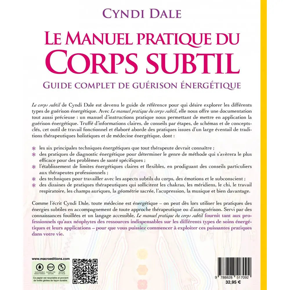 Le Manuel Pratique du Corps Subtil - Guide Complet de Guérison Énergétique de Cyndi Dale, illustré par le verso de sa couverture qui présente un résumé détaillé des enseignements et techniques de l'ouvrage sur un fond blanc bordé de jaune.