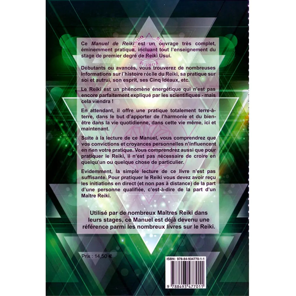 Quatrième de couverture du Manuel de Reiki premier degré affichant le texte de présentation sur fond géométrique vert avec code-barres.