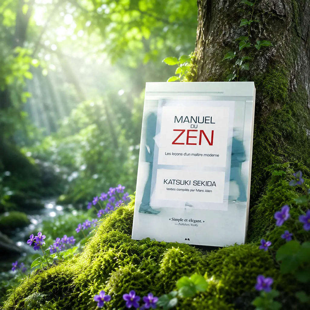 Livre Manuel du Zen - Katsuki Sekida sur mousse sacrée au pied d'un arbre, entouré de fleurs violettes sous des rayons de soleil magiques.