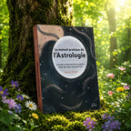 Livre Le Manuel Pratique de l'Astrologie sur mousse sacrée au pied d'un arbre, entouré de fleurs violettes sous des rayons de soleil magiques.