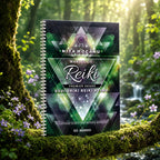 Livre Manuel de Reiki - Premier degré - Nita Mocanu sur mousse sacrée au pied d'un arbre, entouré de fleurs violettes sous des rayons de soleil magiques.