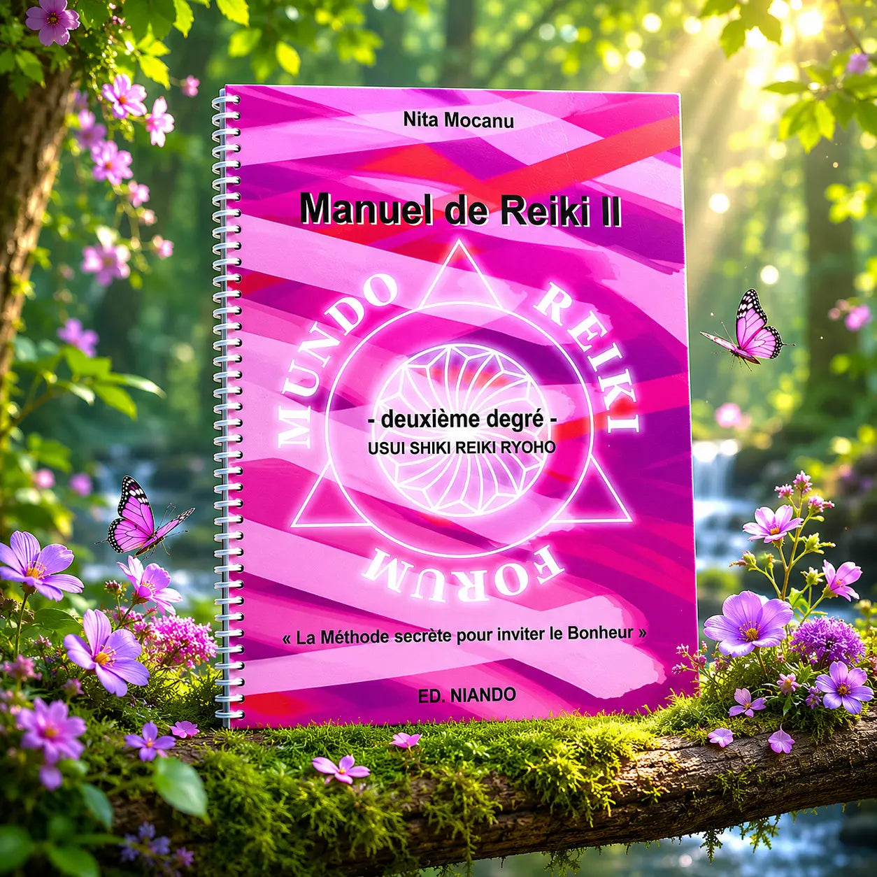 Livre Manuel de Reiki - Deuxième degré - Nita Mocanu sur mousse sacrée au pied d'un arbre, entouré de fleurs violettes sous des rayons de soleil magiques.
