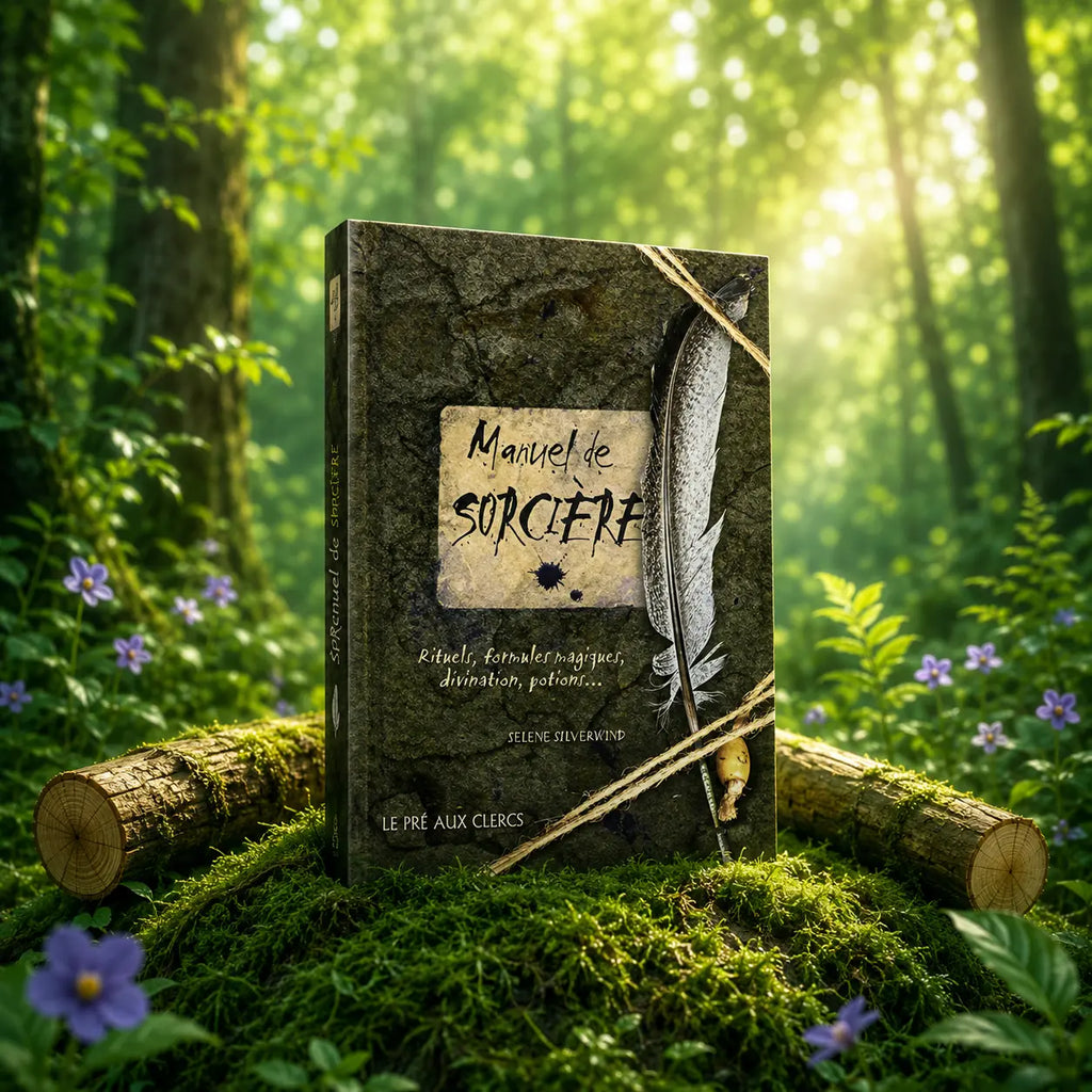 Livre Manuel de sorcière - Selene Silverwind sur mousse sacrée au pied d'un arbre, entouré de fleurs violettes sous des rayons de soleil magiques.