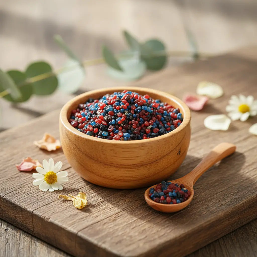 Grains d'encens de résine Marie qui Défait les Noeuds, mélange de teintes rouge, bleu et noir, dans un bol en bois clair avec cuillère, sur une planche de bois rustique.
