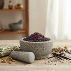 Grains d'encens de résine Marie qui Défait les Noeuds (rouge et bleu) dans un mortier en granit gris avec pilon, entouré de sauge blanche et de lavande.