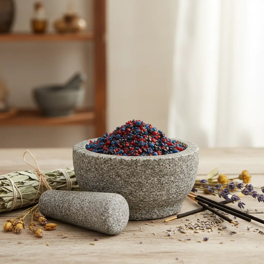 Grains d'encens de résine Marie qui Défait les Noeuds (rouge et bleu) dans un mortier en granit gris avec pilon, entouré de sauge blanche et de lavande.