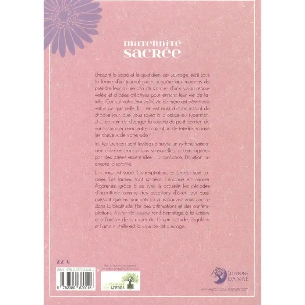 Maternité Sacrée illustré par le verso de sa couverture présentant un texte de présentation sur un fond beige, soulignant l'approche holistique et spirituelle de la maternité proposée par les autrices.