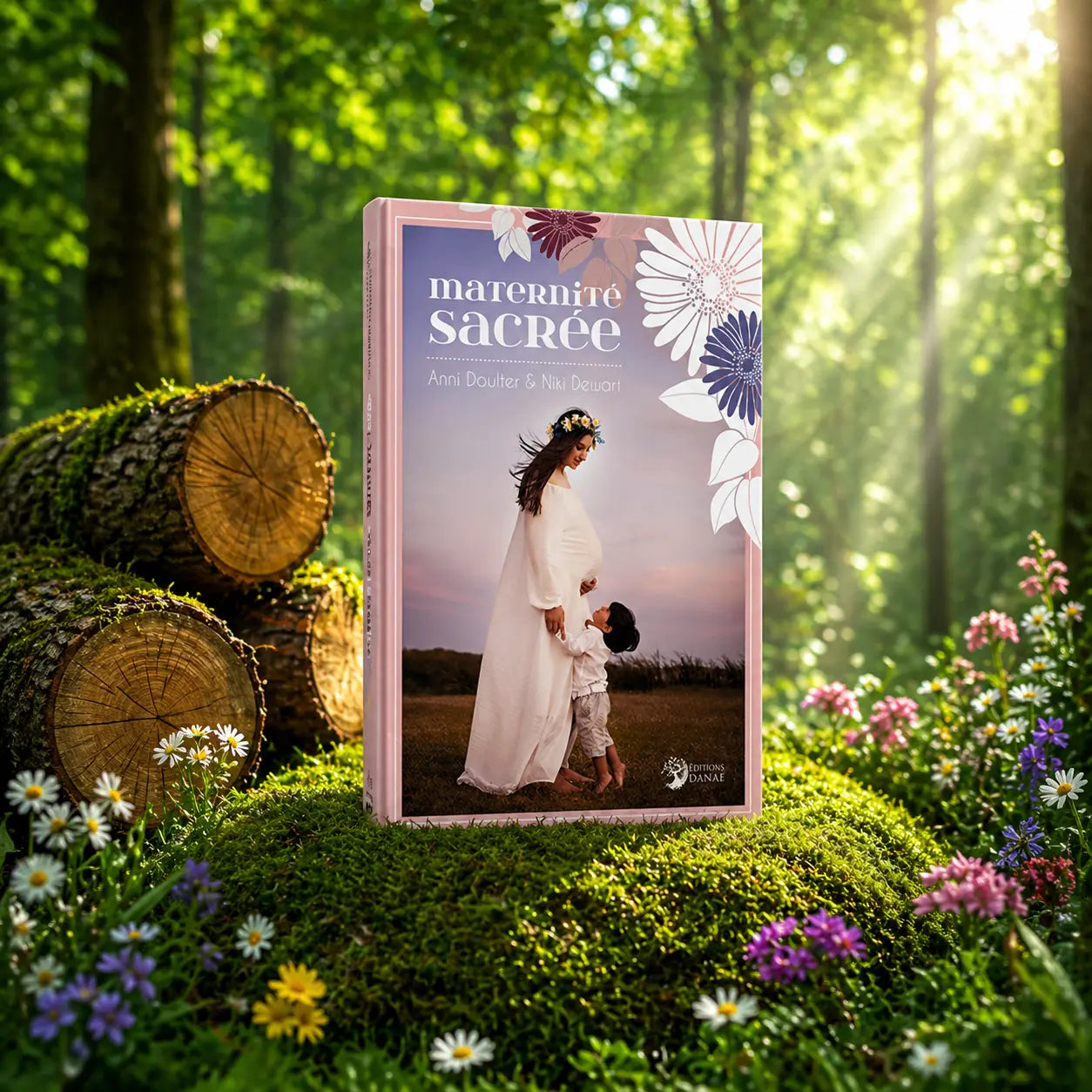 Couverture du livre La Maternité Sacrée montrant une femme enceinte en robe blanche et un jeune enfant dans un paysage au crépuscule, ornée de fleurs stylisées.