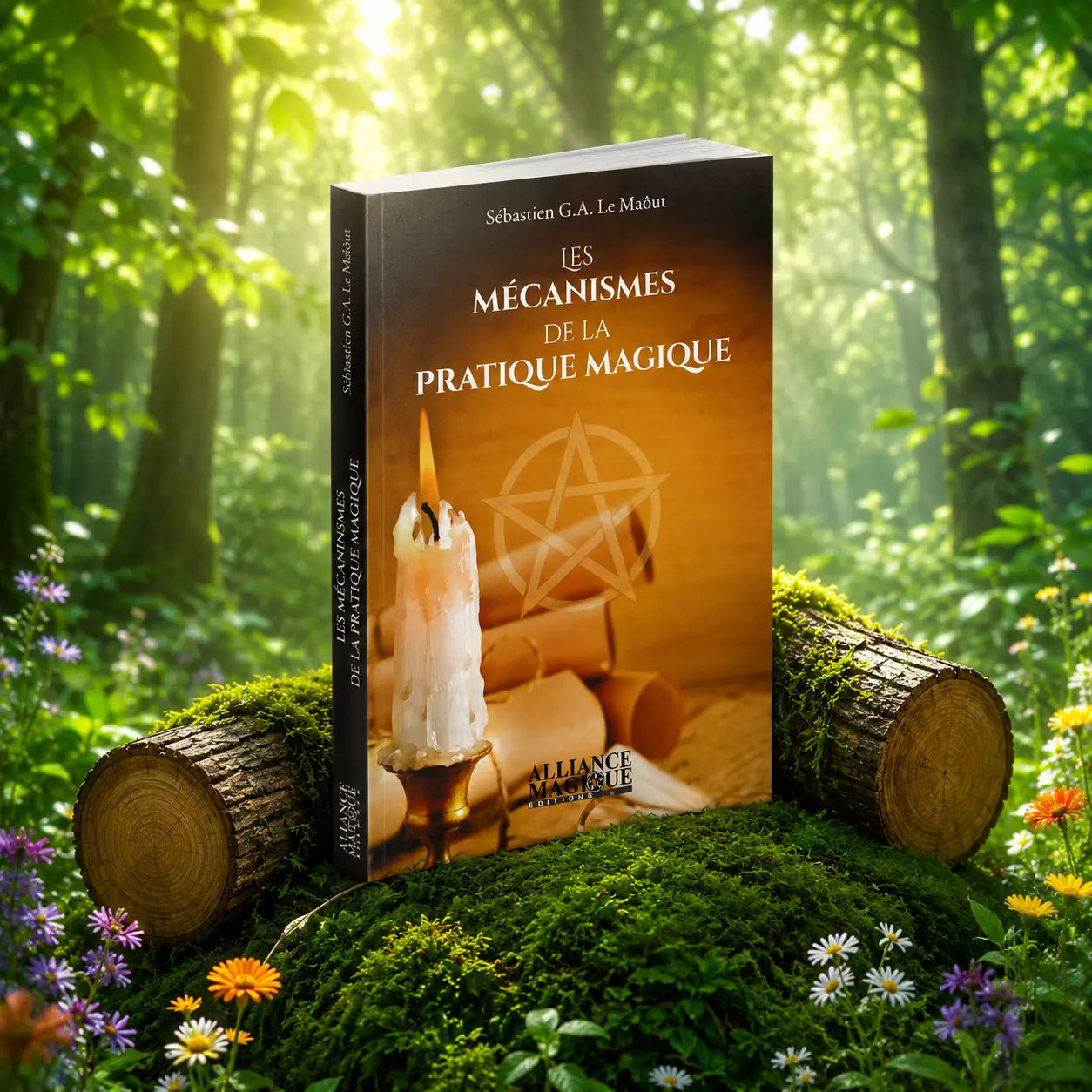 Livre Les Mécanismes de la Pratique Magique - Sébastien G.A. Le Maôut sur mousse sacrée au pied d'un arbre, entouré de fleurs violettes sous des rayons de soleil magiques.