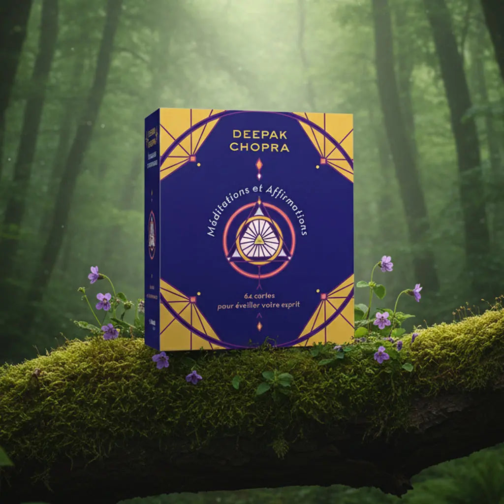Coffret bleu et or Méditations et Affirmations de Deepak Chopra posé sur une souche, illustré d'un motif géométrique sacré.