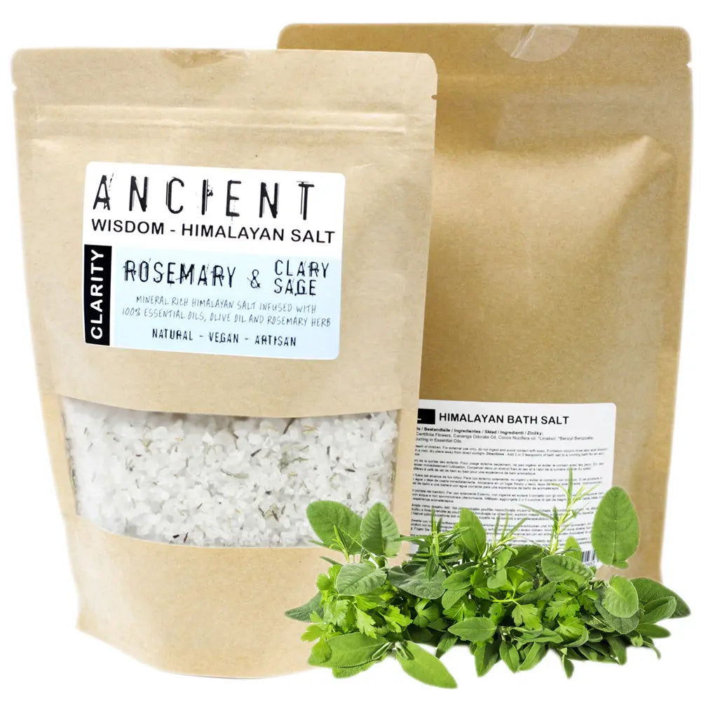 Sachet kraft de Sel de bain Himalaya Clarté Romarin et Sauge avec cristaux blancs et herbes vertes.