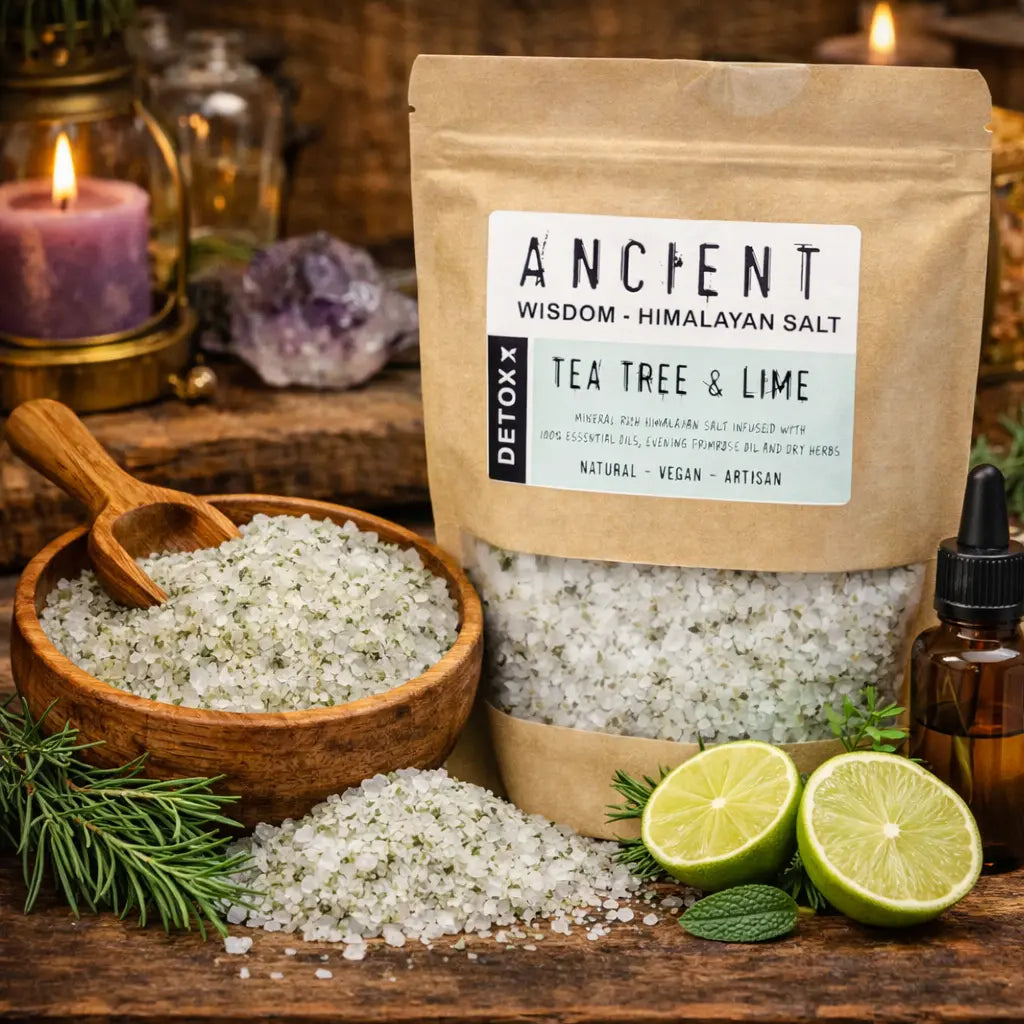 Sachet kraft de Mélange de Bain au Sel de l'Himalaya - Détox entouré de citrons verts, branches de sapin et herbes séchées.