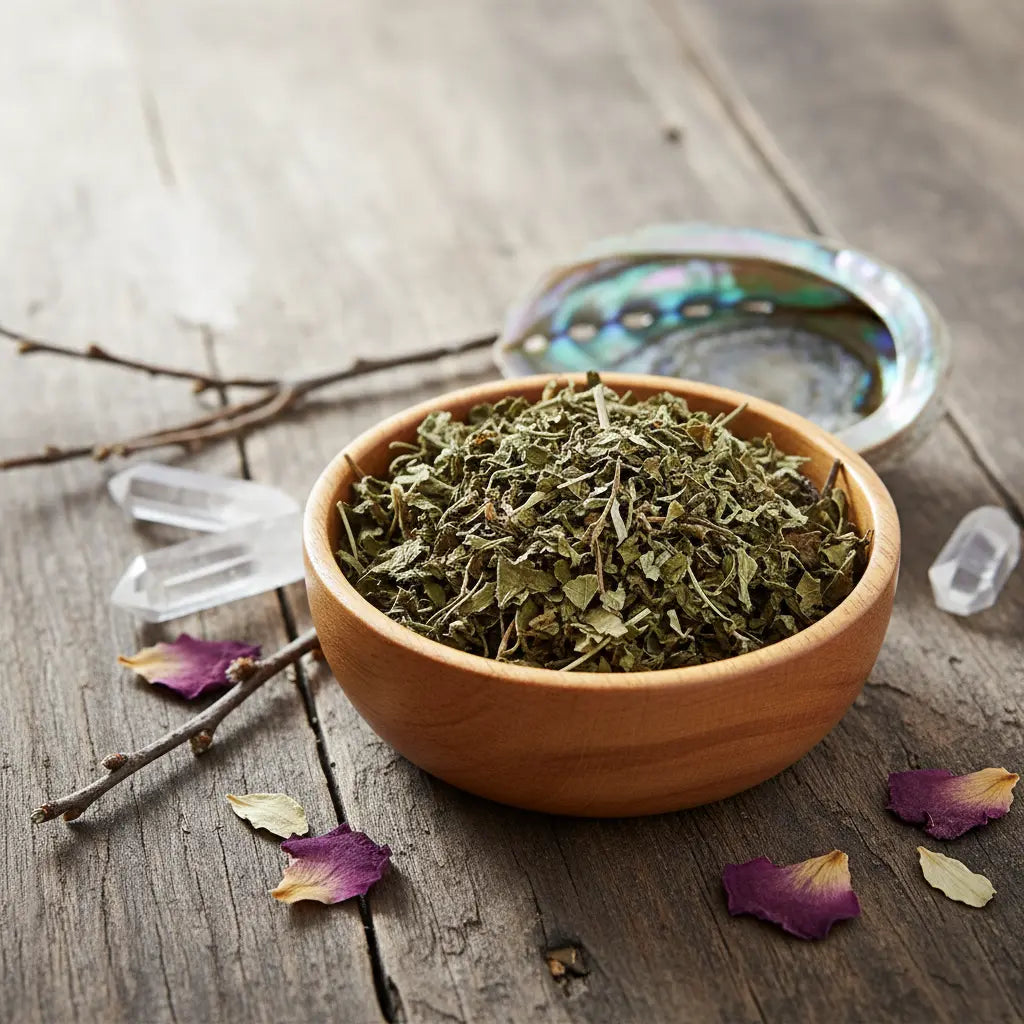 Feuilles de mélisse séchées dans une coupelle en bois, sur table rustique avec pétales et cristaux.