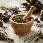 Feuilles de mélisse séchées dans un mortier en bois, entourées de bouquets de lavande et d’herbes.