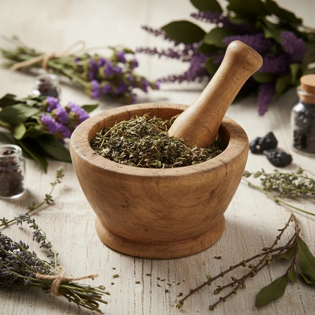 Feuilles de mélisse séchées dans un mortier en bois, entourées de bouquets de lavande et d’herbes.