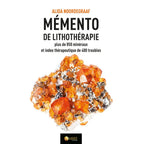 La couverture de l'ouvrage "Mémento de lithothérapie" d'Alida Noordegraaf, aux Éditions Ambre, illustrée d'un amas de cristaux orange et gris sur un fond blanc épuré.