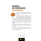 Le dos du livre "Mémento de lithothérapie" d'Alida Noordegraaf, présentant un texte descriptif sur les propriétés curatives des minéraux, l'éthique du lithothérapeute et les informations éditoriales sur fond blanc.