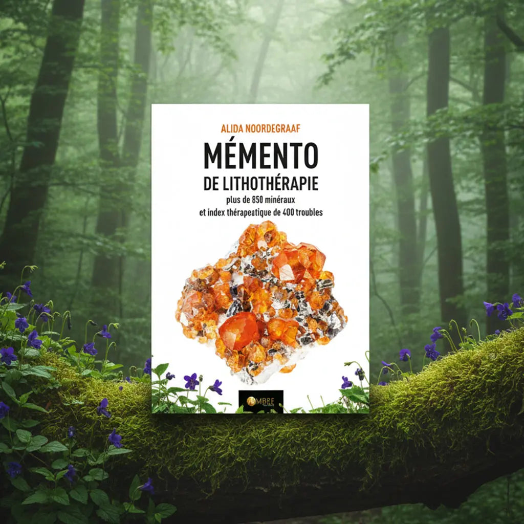 Livre clair Mémento de Lithothérapie d'Alida Noordegraaf posé sur une branche moussue, illustré d'un spectaculaire amas de cristaux orange étincelants.