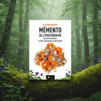 Livre clair Mémento de Lithothérapie d'Alida Noordegraaf posé sur une branche moussue, illustré d'un spectaculaire amas de cristaux orange étincelants.